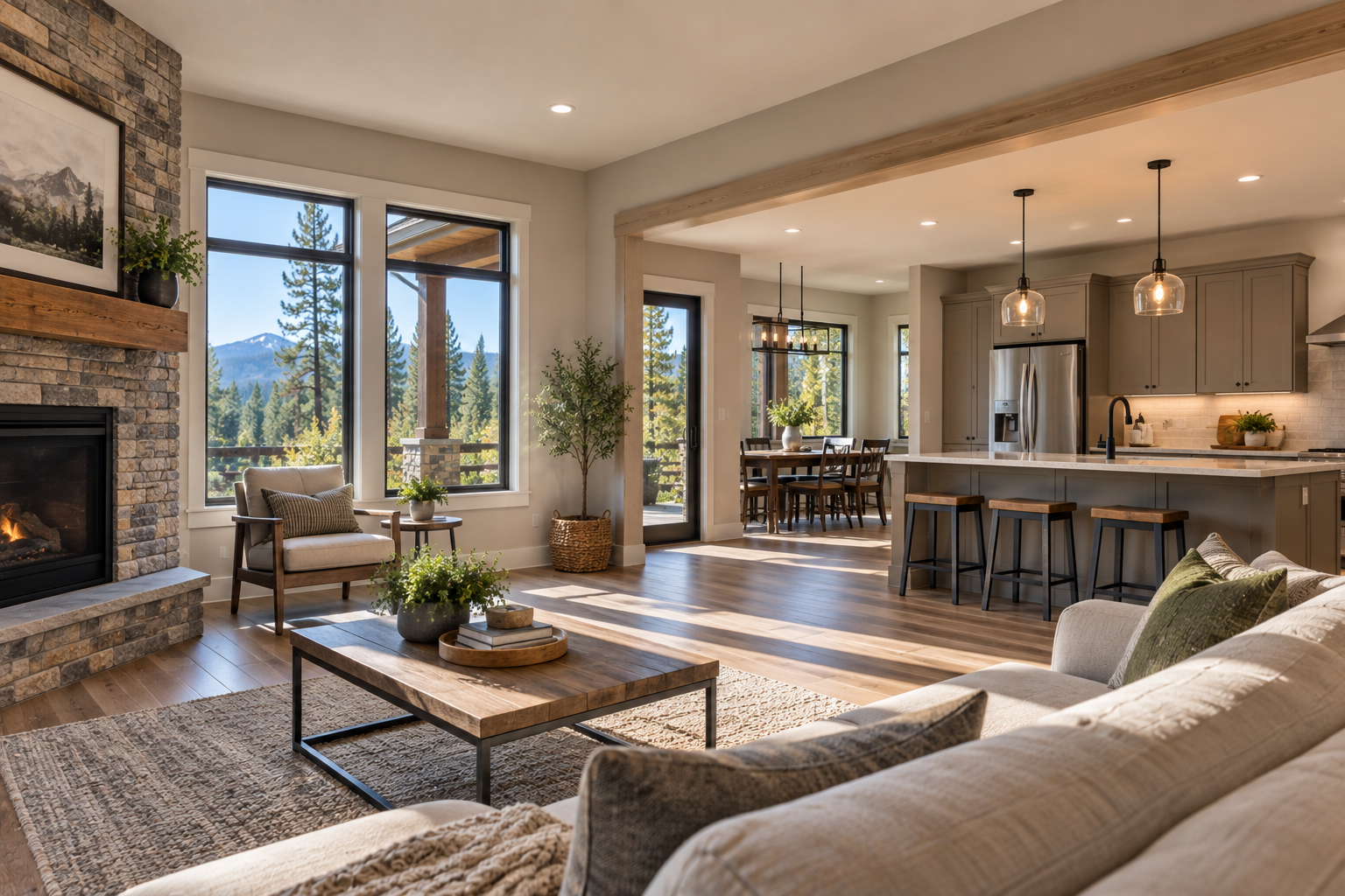 Bright, open-concept living room and kitchen with mountain views, large windows, stone fireplace, and wood accents.