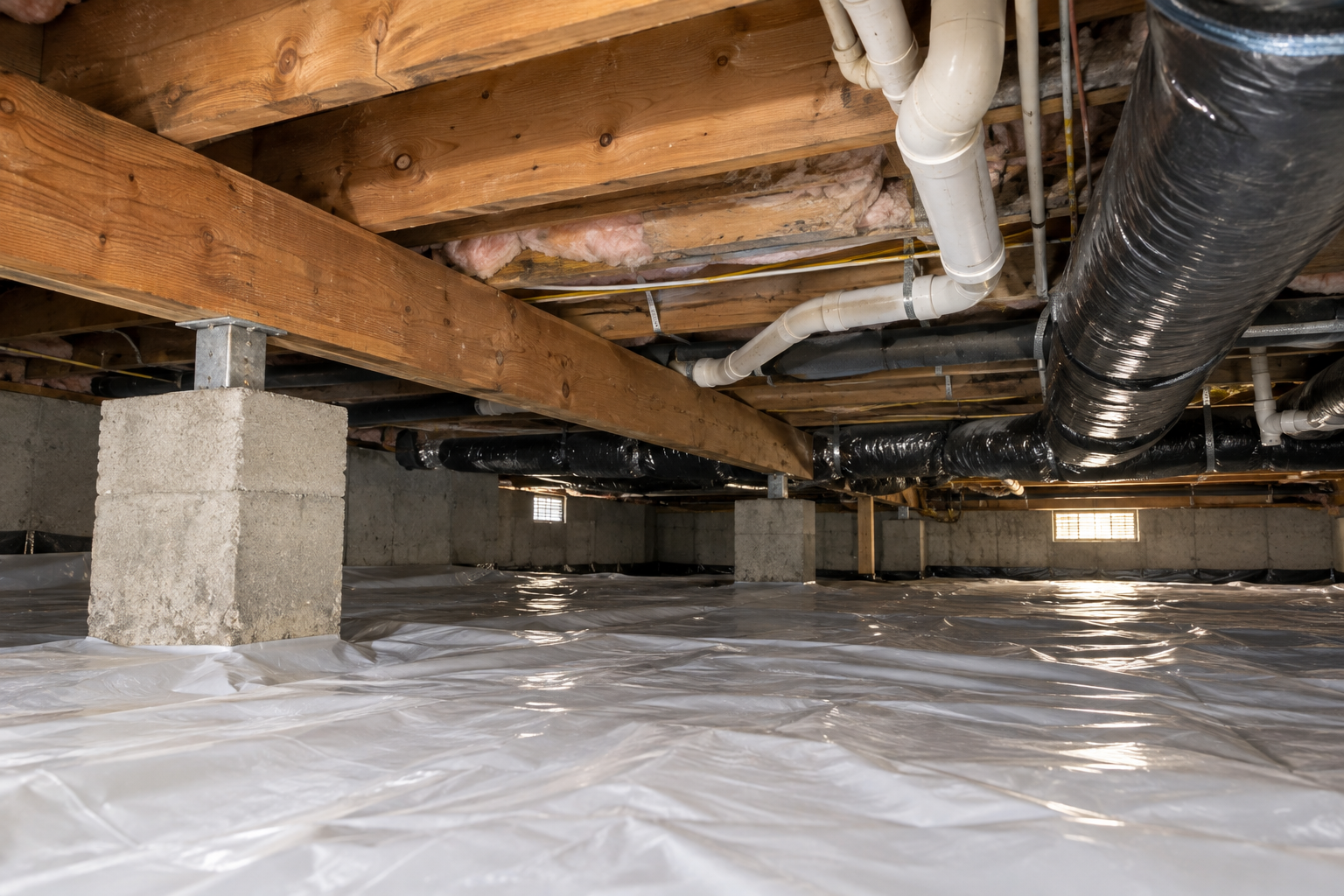 Accessible crawlspace showing wood framing, insulation, plumbing, ductwork, support piers and a vapor barrier.