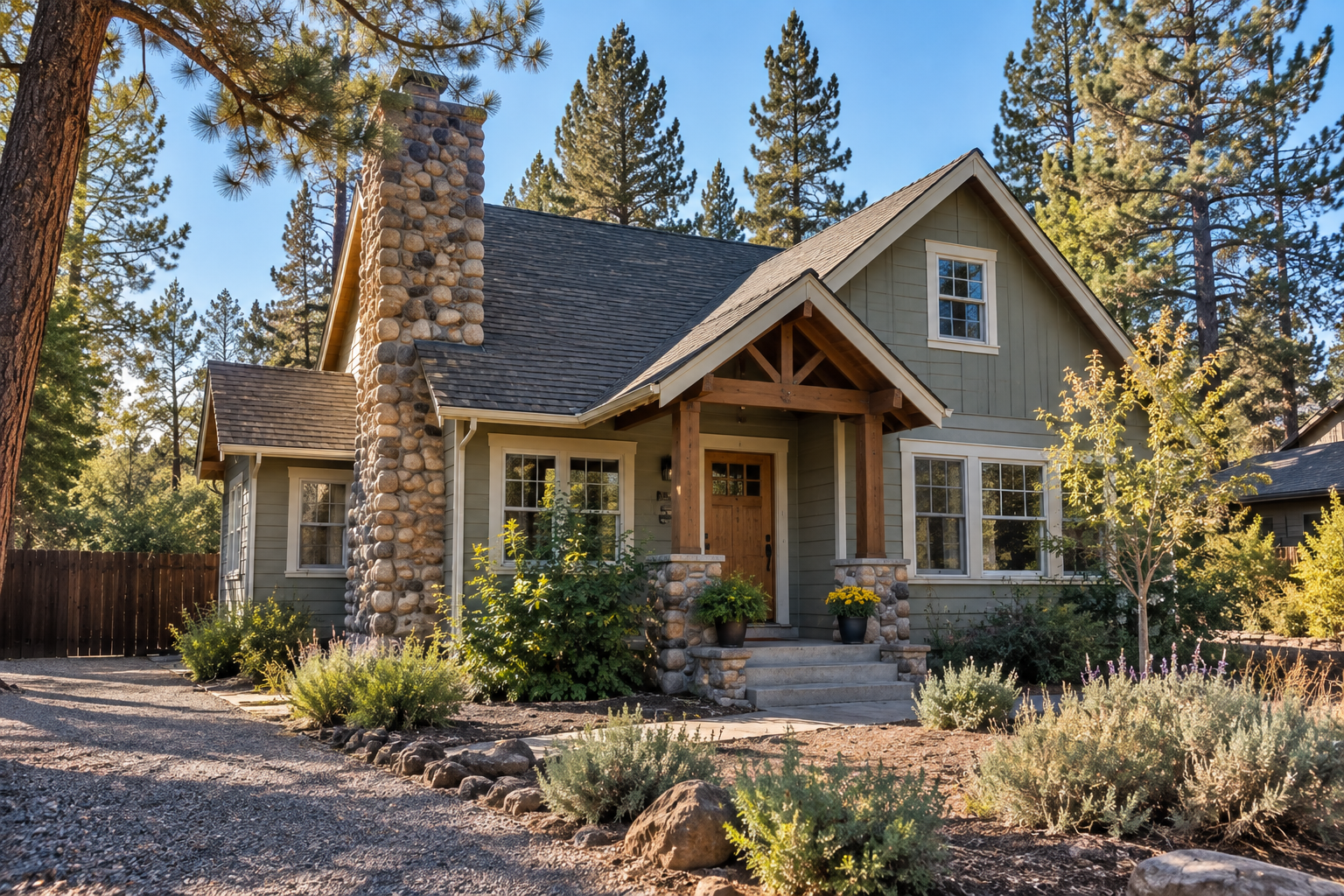 The exterior of a rustic home with a stone chimney in Central Oregon in the Pine trees.