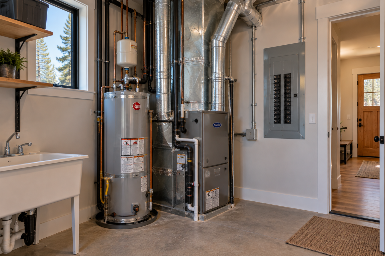 A modern utility room in Central Oregon with a water heater, HVAC system, and electrical panel.