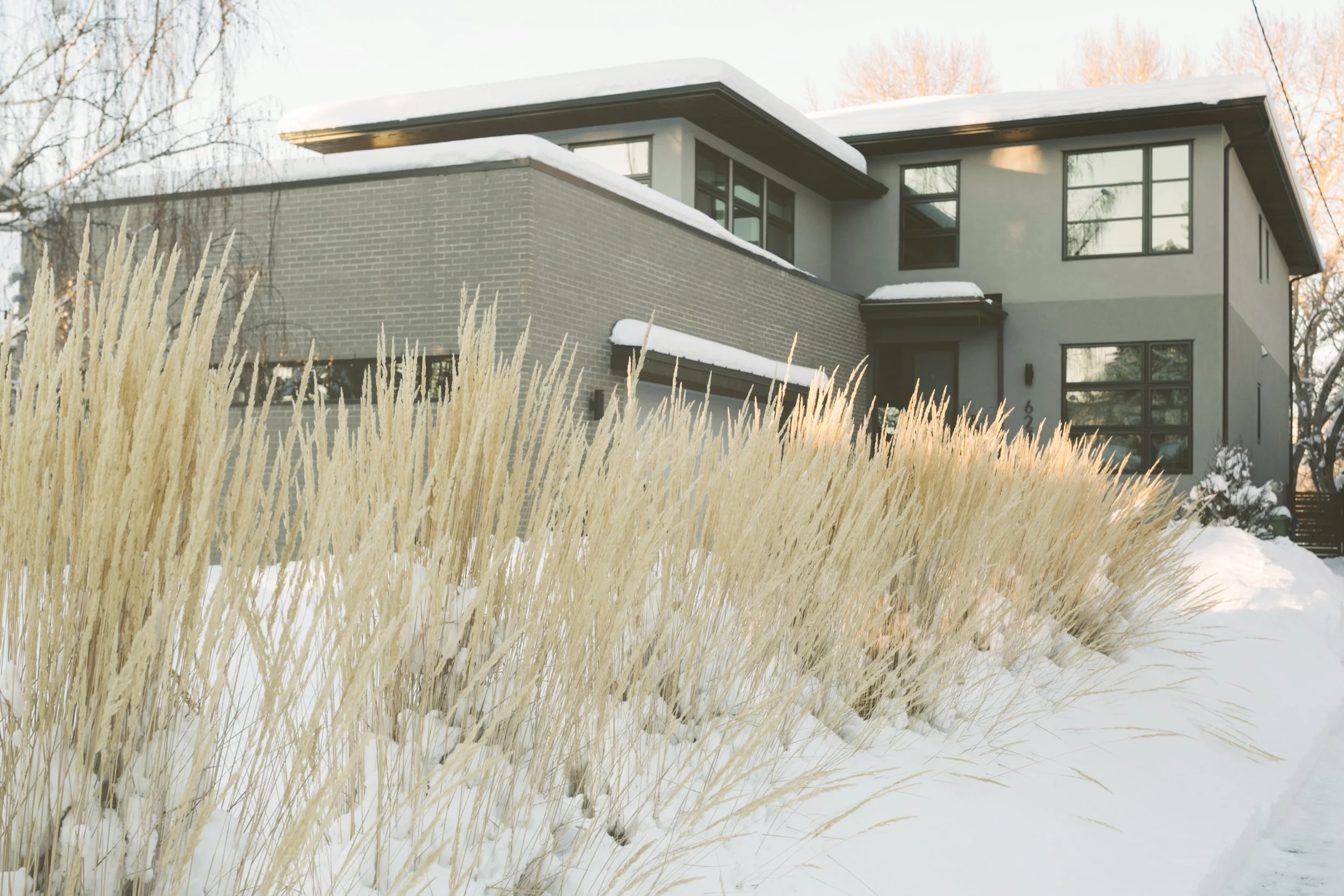 Modern two-story home with clean lines, partially covered in snow, framed by tall winter grasses in the foreground.
