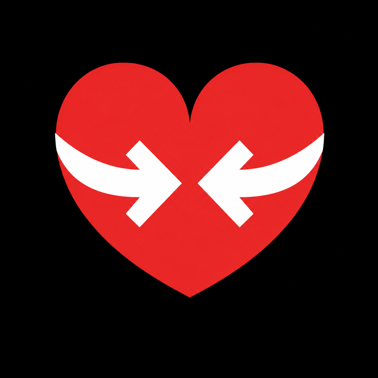 A black background with a red heart that appears to be breaking apart, with white arrows pointing inward from both sides towards the center of the heart.