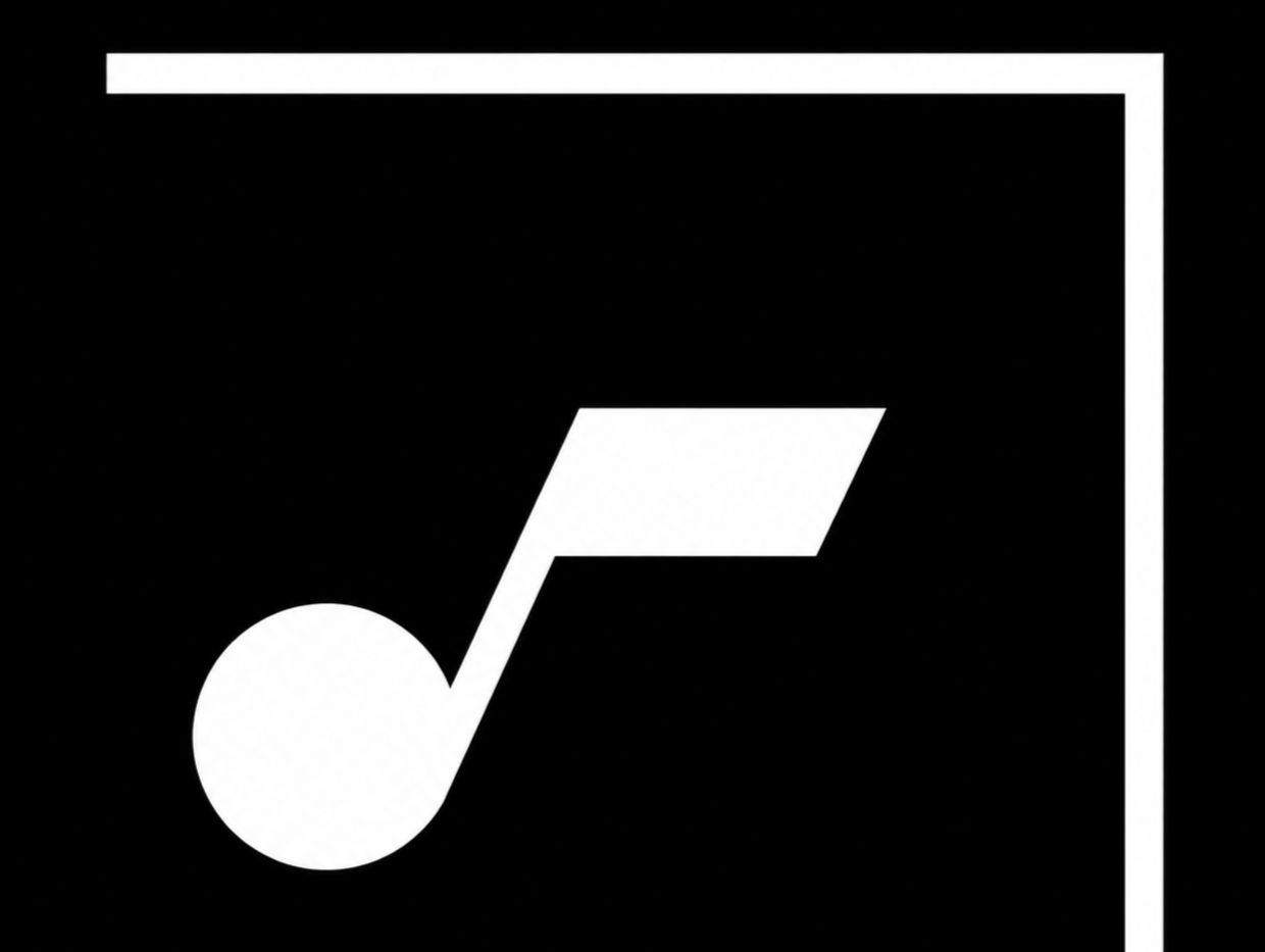 Black background with a white musical note symbol inside a square border.