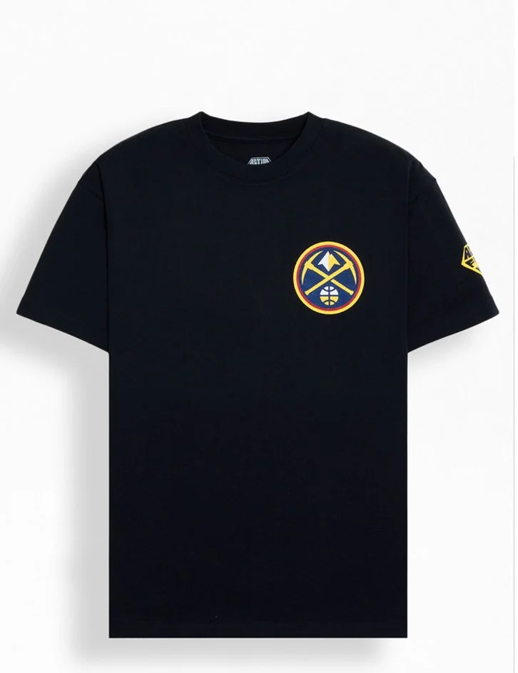 Black T-shirt with Denver Nuggets logo on front and patch on sleeve.