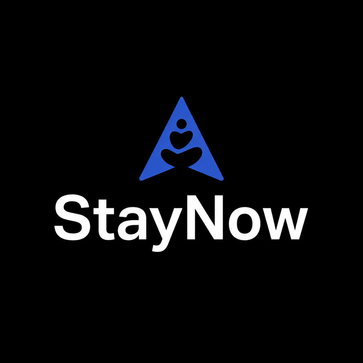 A black background with a blue triangle featuring a stylized person meditating and the text 'StayNow' in white below it.