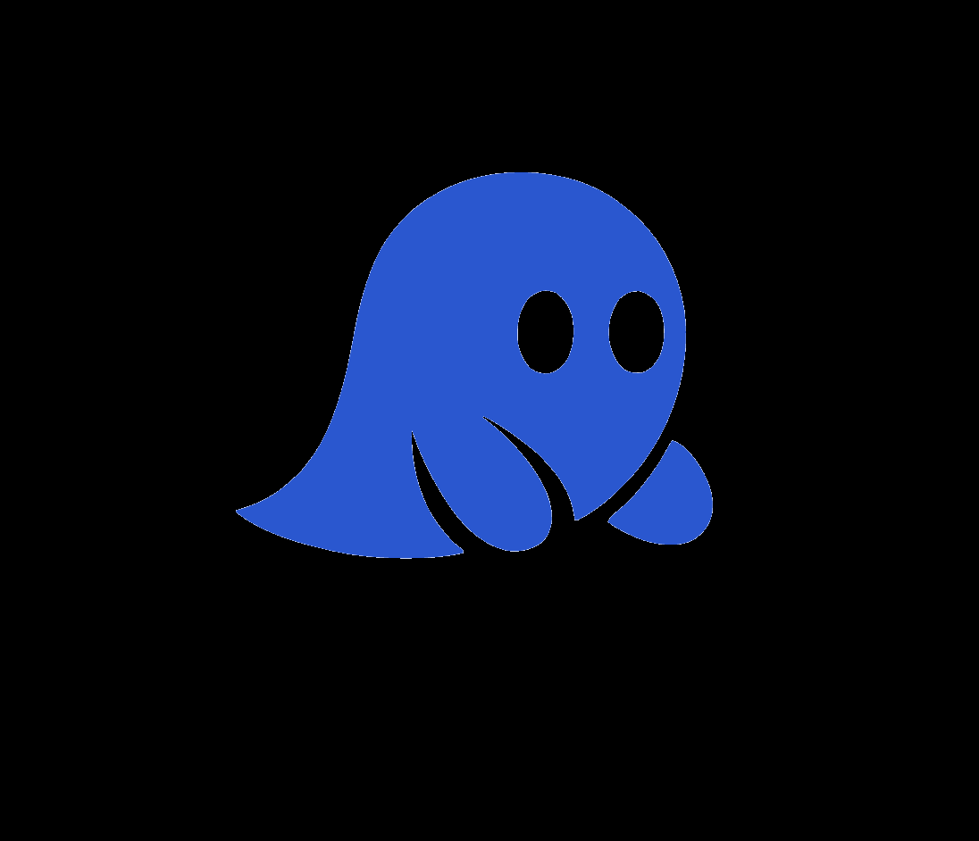 A blue cartoon ghost with black eyes and a smiling expression, on a transparent background.