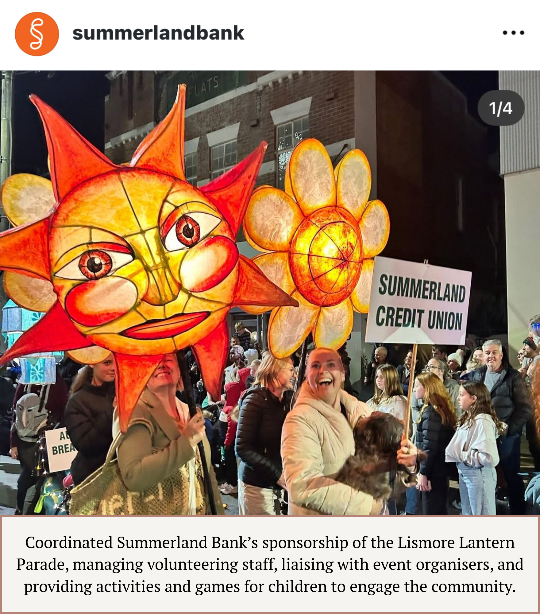 Summerland Bank staff volunteering at the Lismore Lantern Parade, supporting the community and event activities.