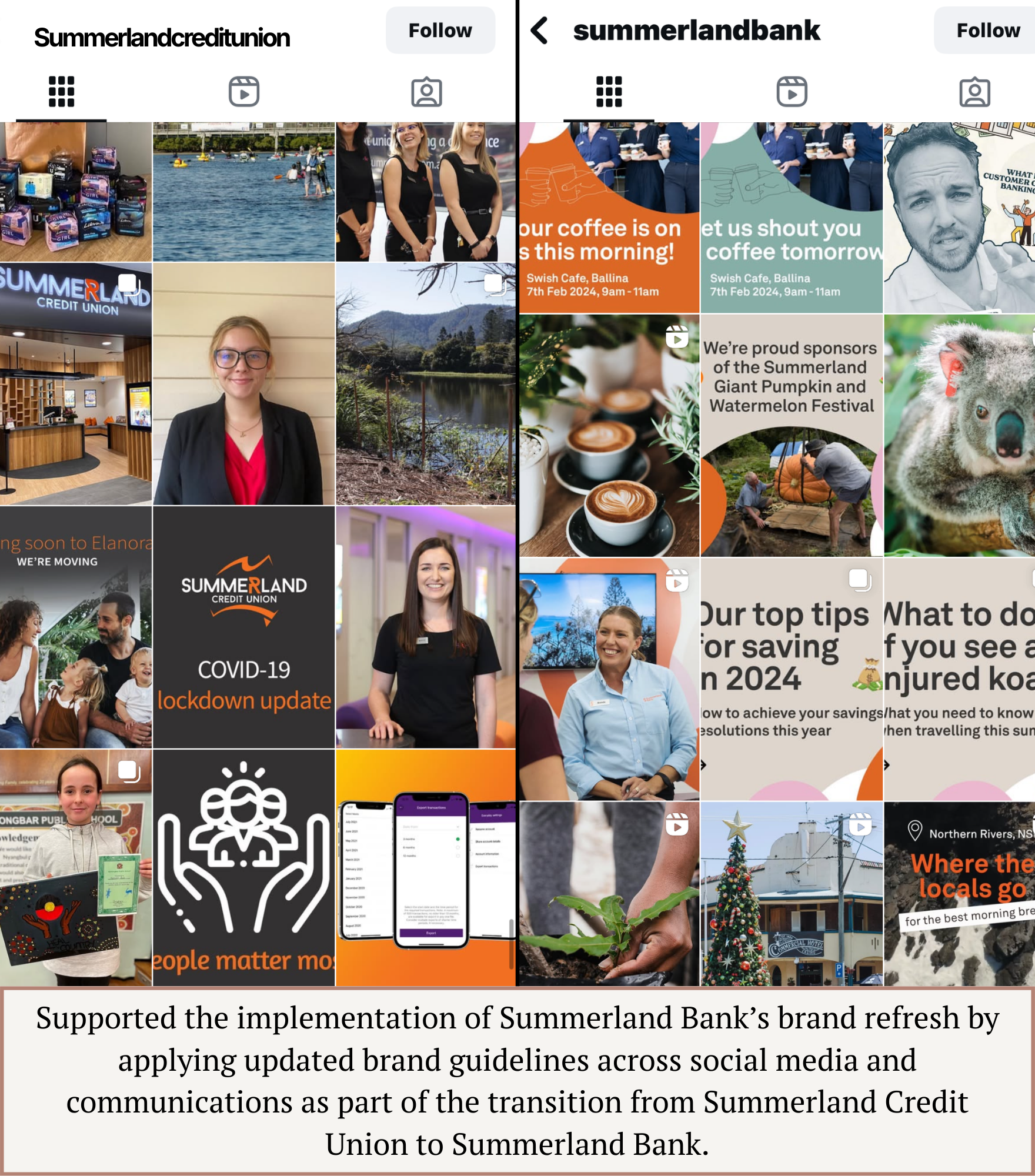 Before and after the Summerland Bank rebrand, highlighting the refreshed visual identity on social media.