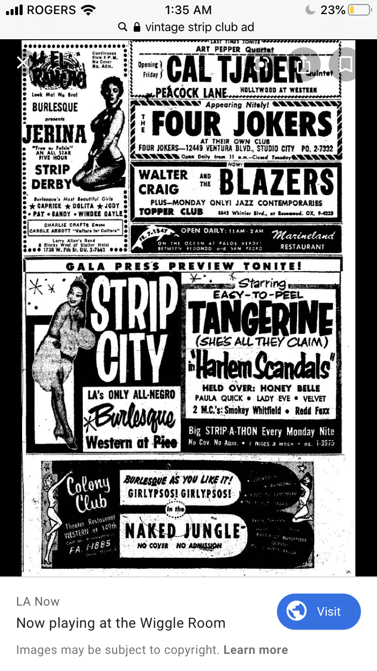 Black and white vintage club flyer with advertisements for burlesque shows, jazz performances, variety acts, and a burlesque comedy event called "Naked Jungle."