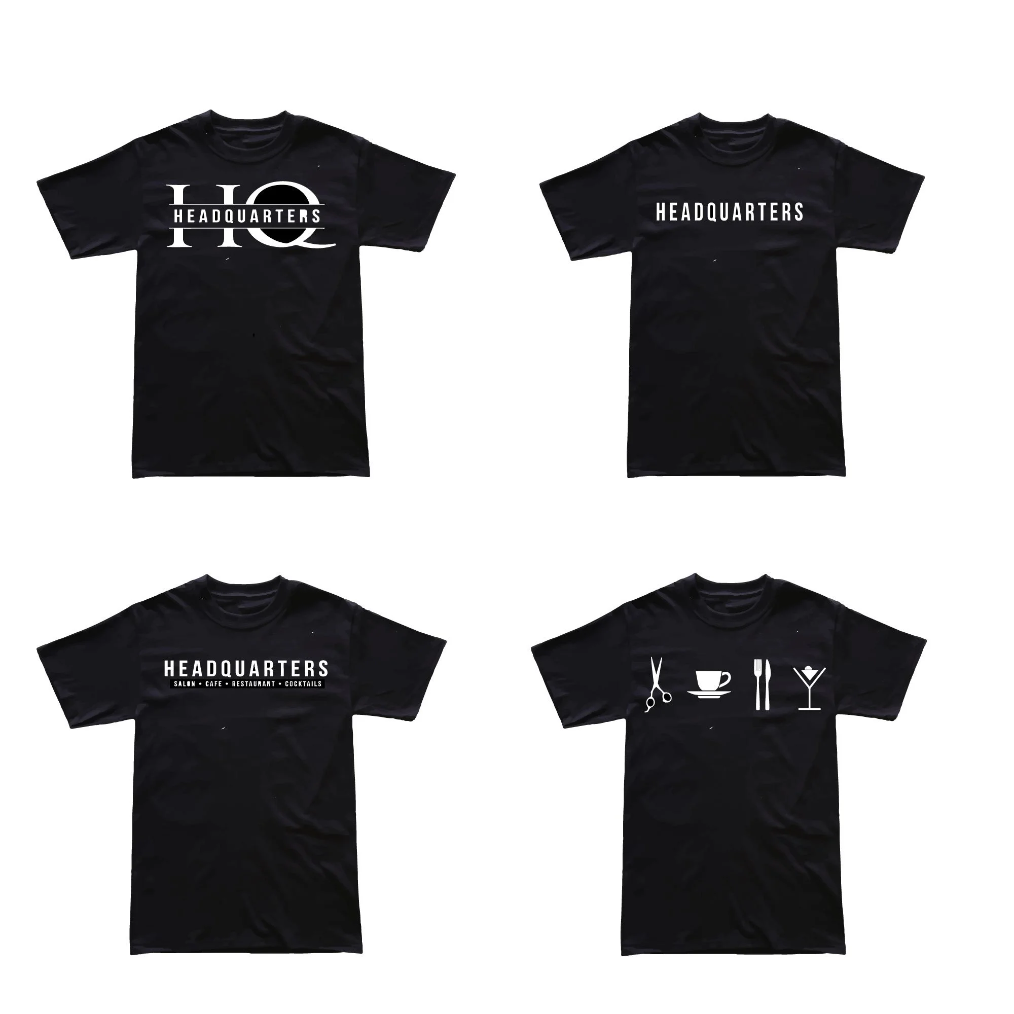 Four black T-shirts with different white graphic designs and texts related to a place called HQ.