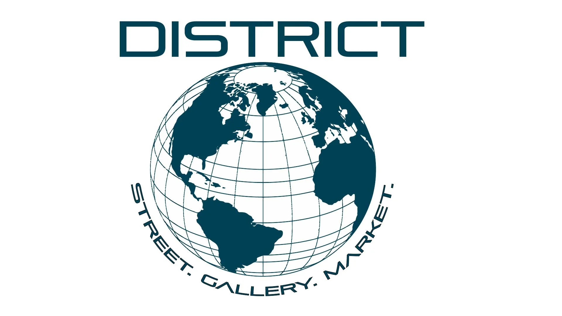 Graphic with the word 'DISTRICT' at the top, a globe illustration in the center, and the words 'STREET. GALLERY. MARKET.' around the bottom of the globe.