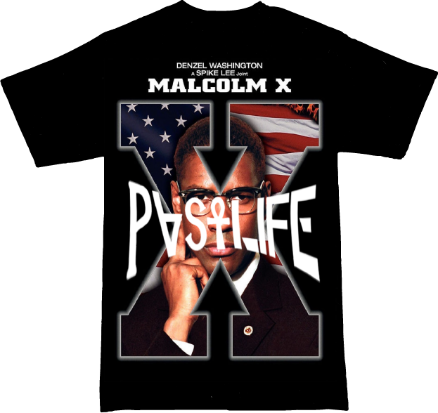 Black T-shirt featuring an image of Malcolm X with an American flag background and the word "PASSAGE" across his face, with printing of Denzel Washington and Spike Lee.