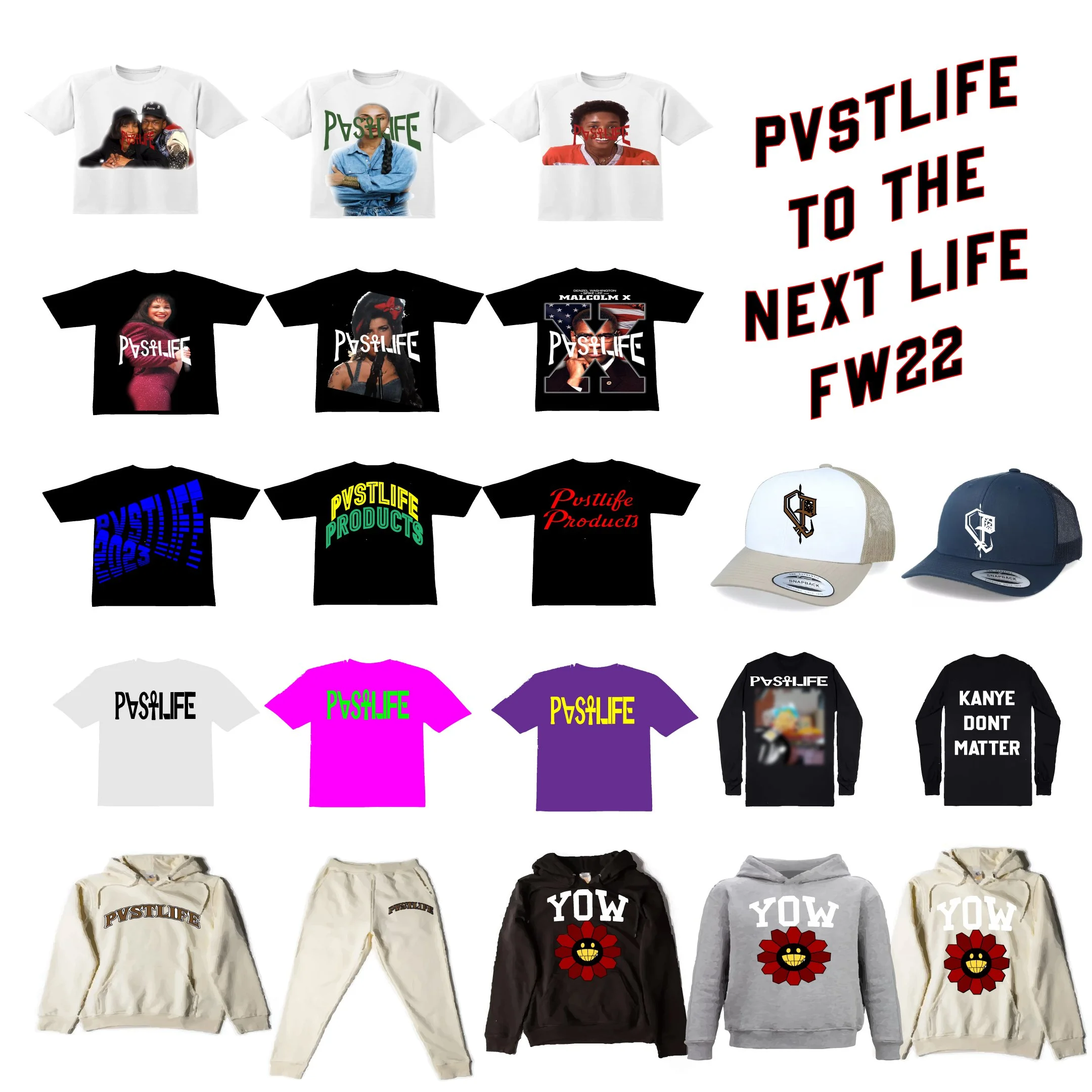 Collection of white, black, pink, purple, and gray T-shirts with various text and images, baseball caps with logos, and hoodies with branding and designs, all promoting PVSTLIFE and related phrases.