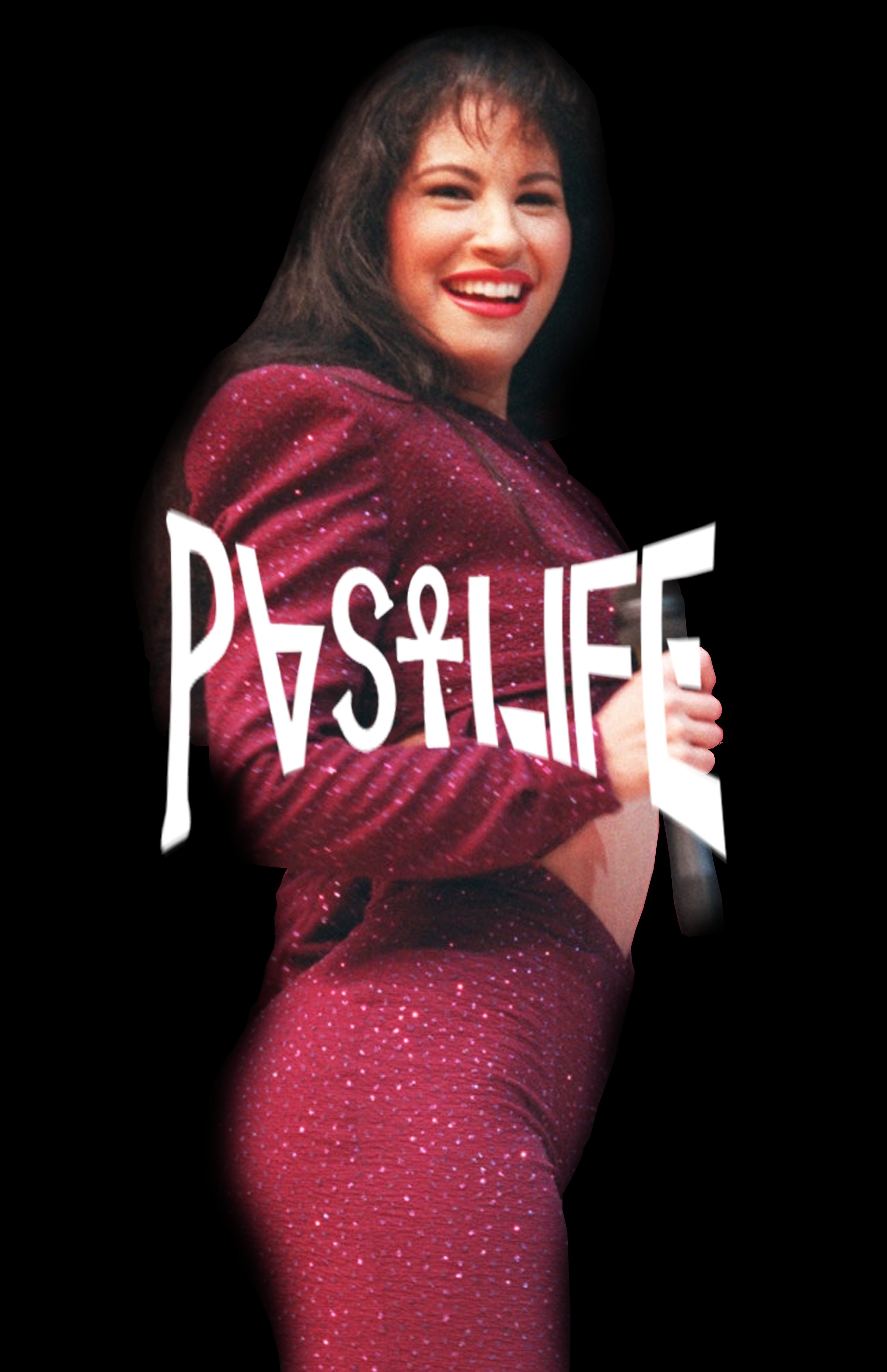A woman in a shiny, red, glittery outfit smiling and holding a white sign that says 'POSH LIFE' in stylized text.
