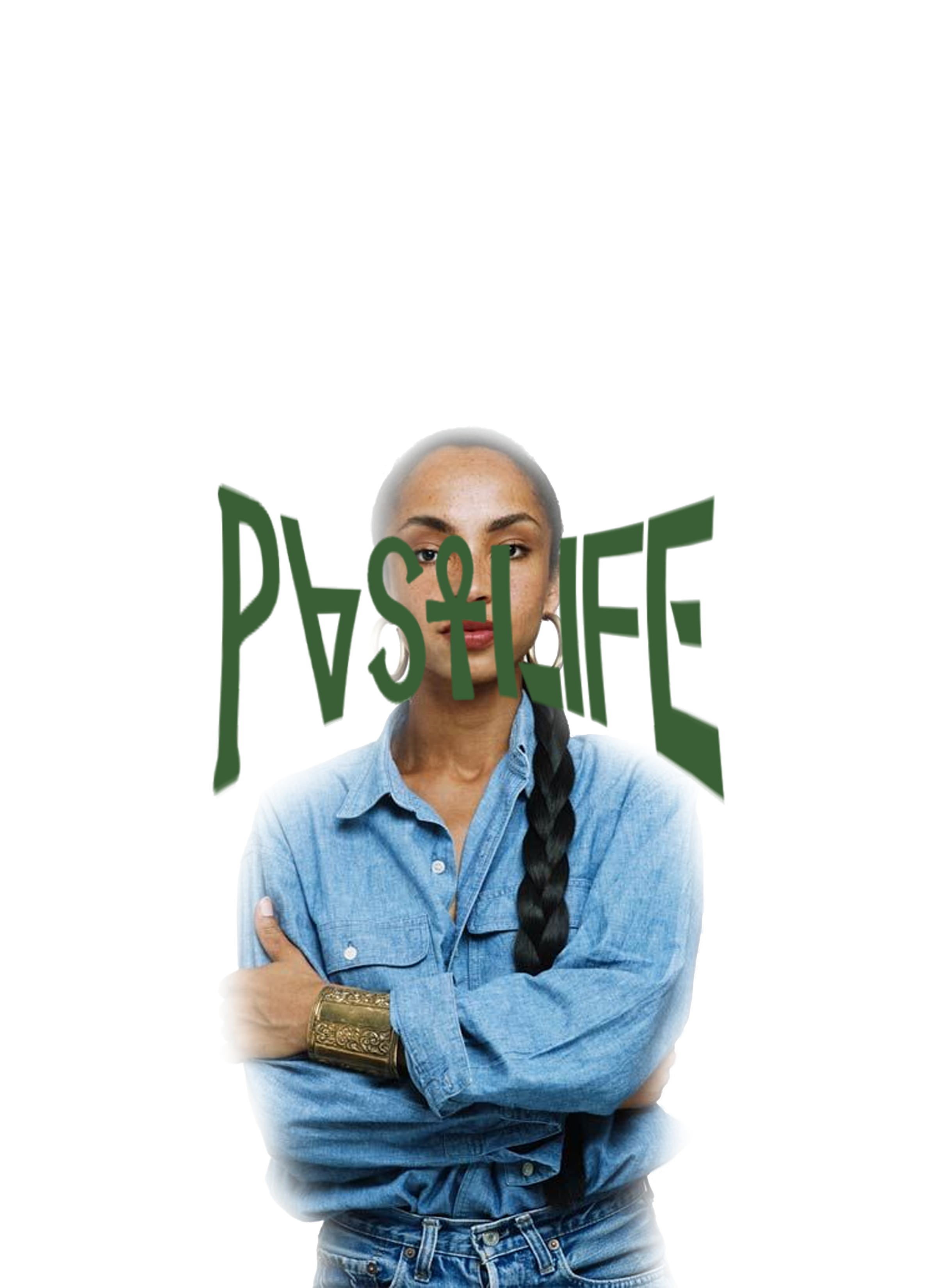 A young woman with a braid, wearing a denim shirt and gold bracelet, stands with arms crossed against a plain white background. Over her face, the word 'POSSIBLE' is stylized and mirrored.
