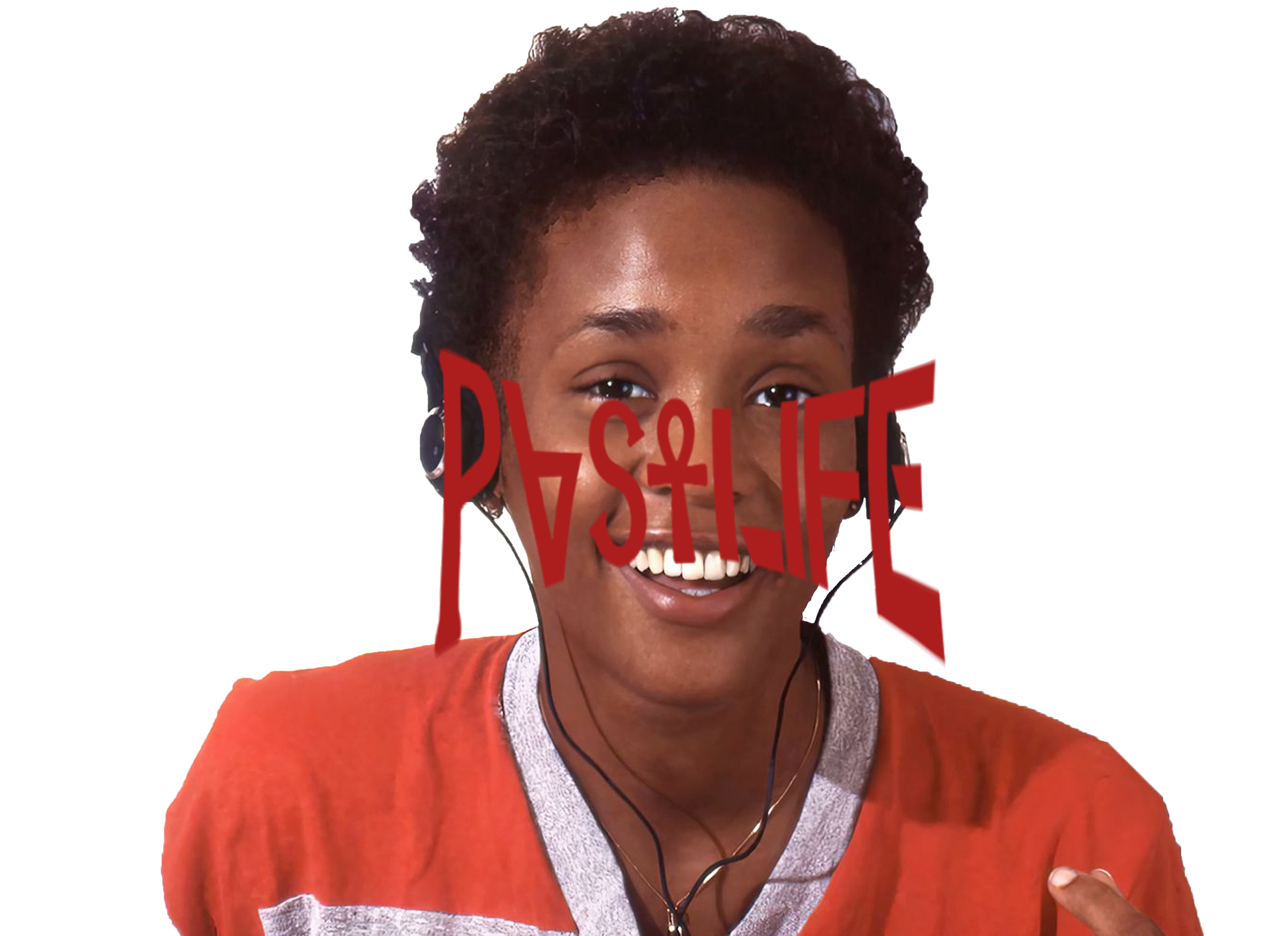 Smiling young woman with short curly hair wearing orange shirt and headset, with distorted red text overlaying her face.