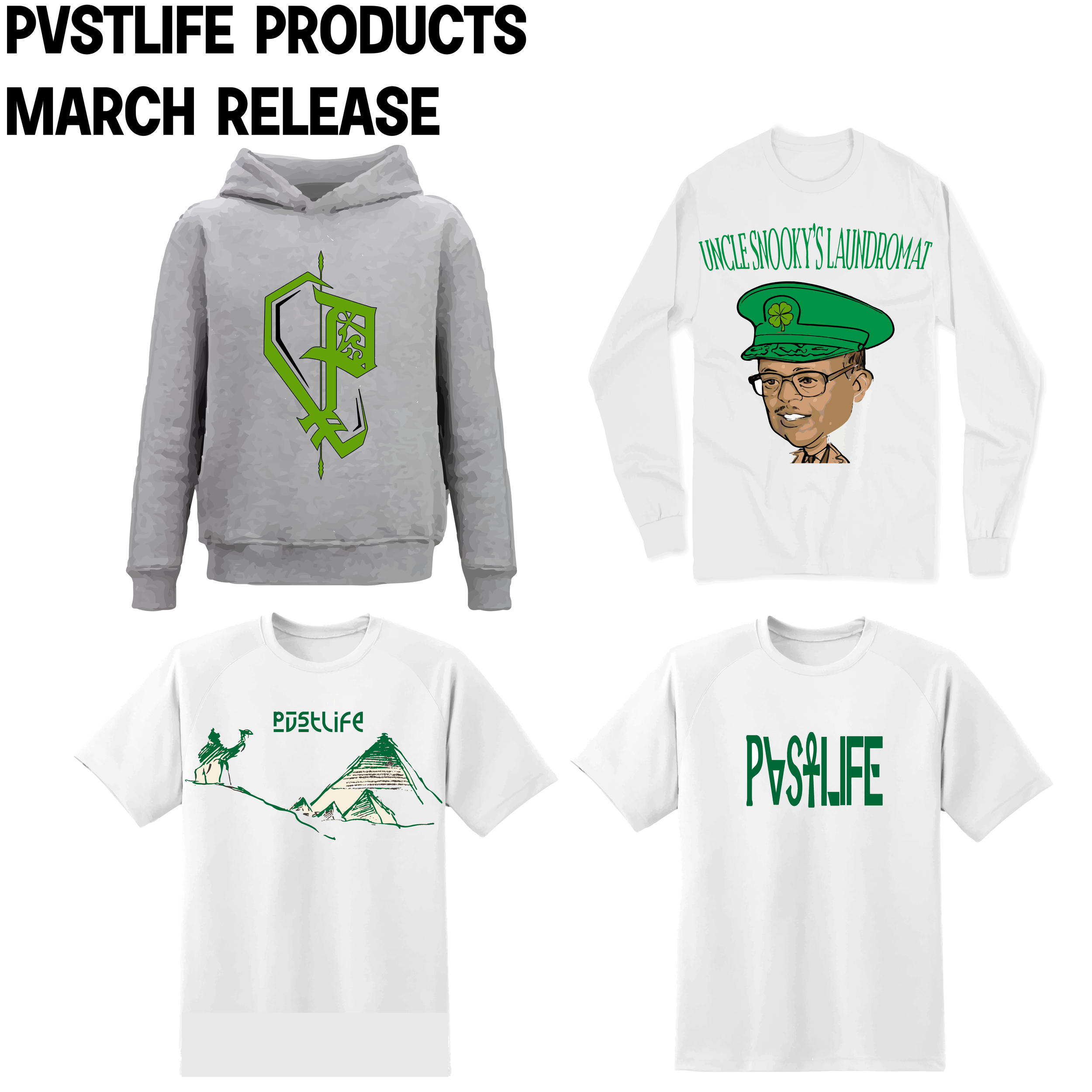 Collection of four clothing items with 'PSTLIFE' branding. Top left shows a gray hoodie with a green and black graphic logo. Top right has a white sweatshirt with a cartoon character of a man wearing a green leprechaun hat and glasses, with the text 