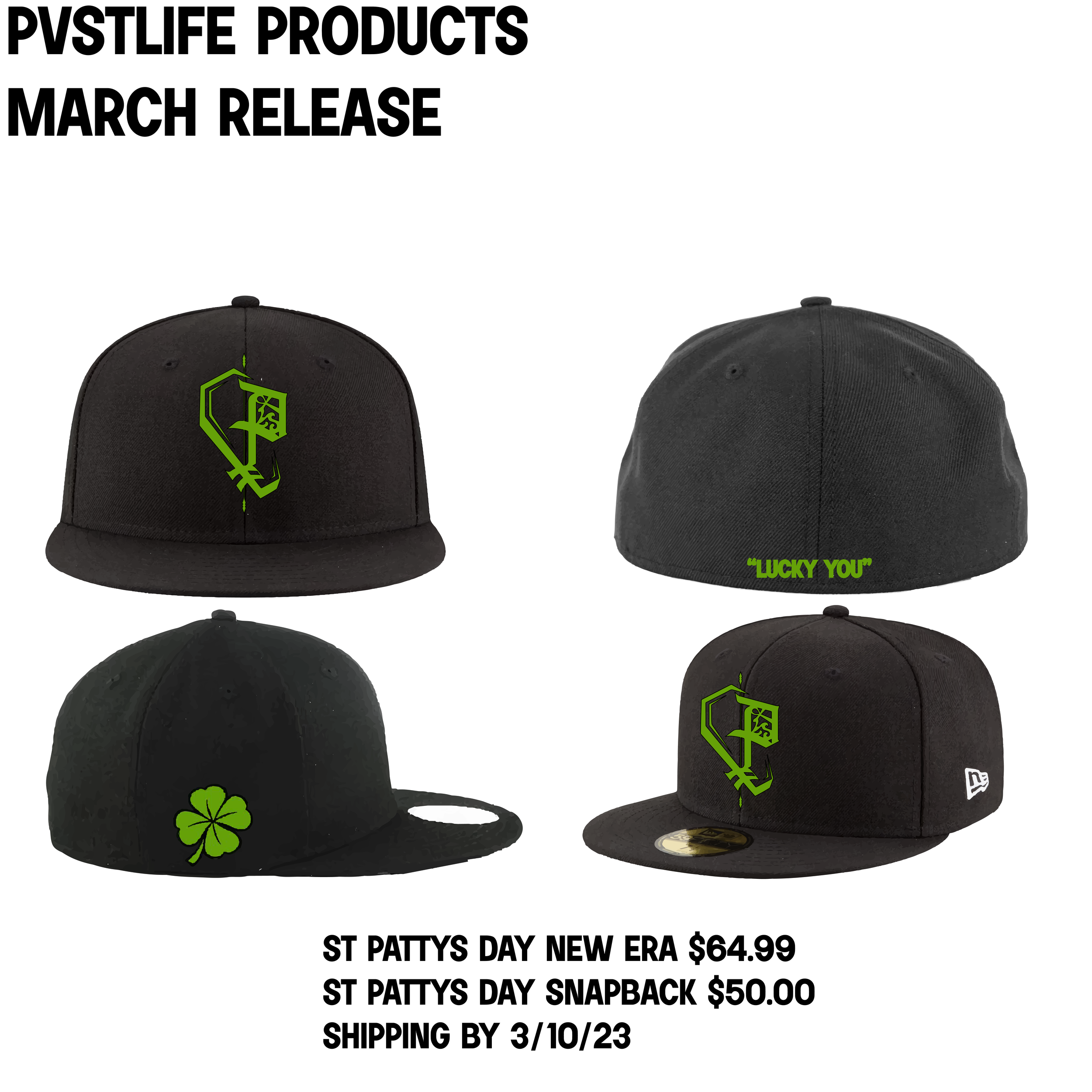 Collection of four black caps promoting St. Patty's Day, featuring logos and slogans. Top left features a black cap with a green emblem of a sword and shield. Top right shows a black cap with green text saying 'LUCKY YOU.' Bottom left displays a blac