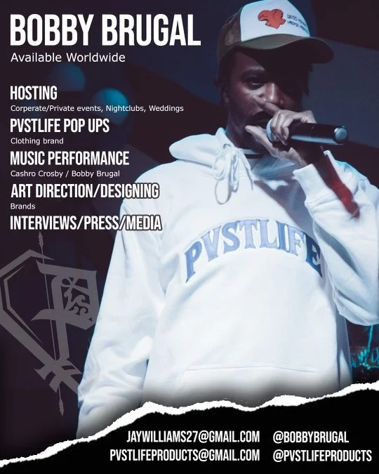 Promotional poster featuring Bobby Brugal, with information about his services in hosting, music performance, art directing, and media interviews, with contact emails and social media handles, and a person holding a microphone wearing a white hoodie and a cap.
