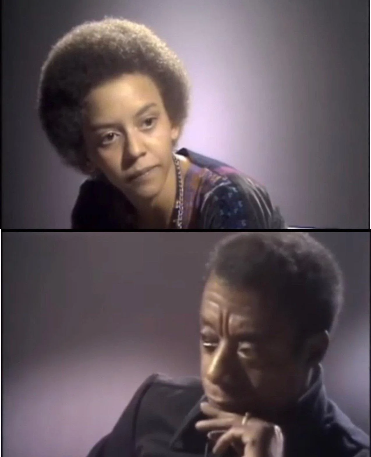 Two portraits of African American individuals, a woman with short natural hair and a man with a mustache and formal attire, in a reflective pose.