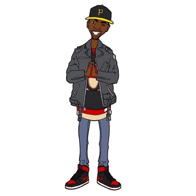 Cartoon of a smiling man wearing a black baseball cap with a yellow brim and a 'P', gray leather jacket, red shirt, jeans, and black and red sneakers, standing with hands pressed together in a prayer gesture.