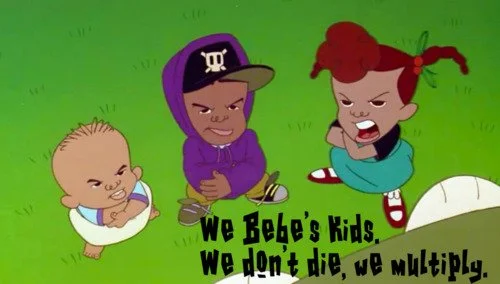 Three animated children sitting on grass, one with a purple hoodie and cap, one with a white dress, and the third girl with red hair in pigtails, angry. Text reads "We BeBe's Kids. We don't die, we multiply."
