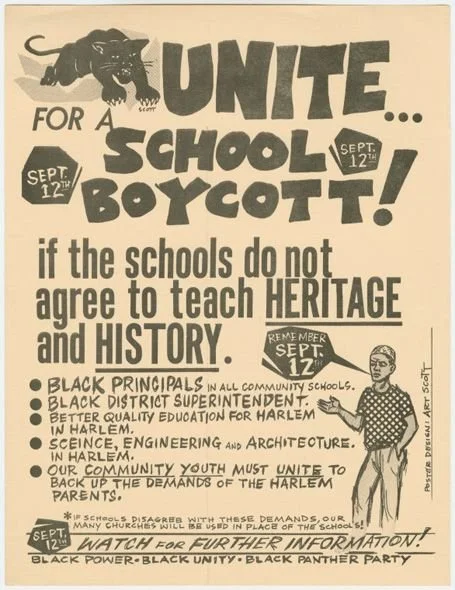 A vintage flyer protesting against school curriculum not including heritage and history. It features a black panther graphic, bold headlines about uniting for a school boycott on September 12, and discusses objections to teachers not teaching heritag