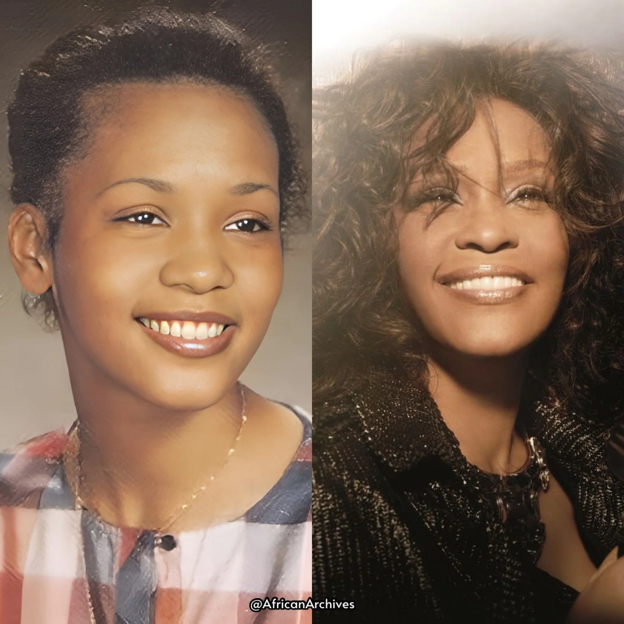 Side-by-side portraits of two women smiling, one young woman with short hair and a plaid top, the other mature woman with curly hair and a black outfit.