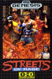 Video game cover for 'Streets of Rage' on Sega Genesis, featuring four characters in a city background, with a fiery dragon at the bottom.