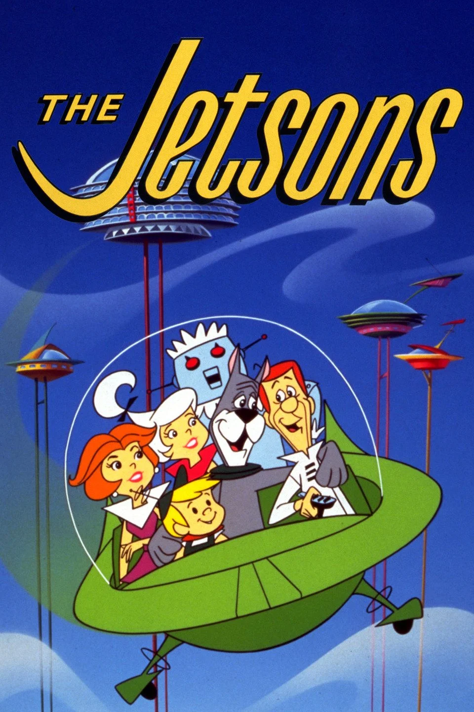Animated scene featuring the Jetsons flying in a green spaceship with their dog, human family members, and robot, set against a futuristic city background with floating structures.