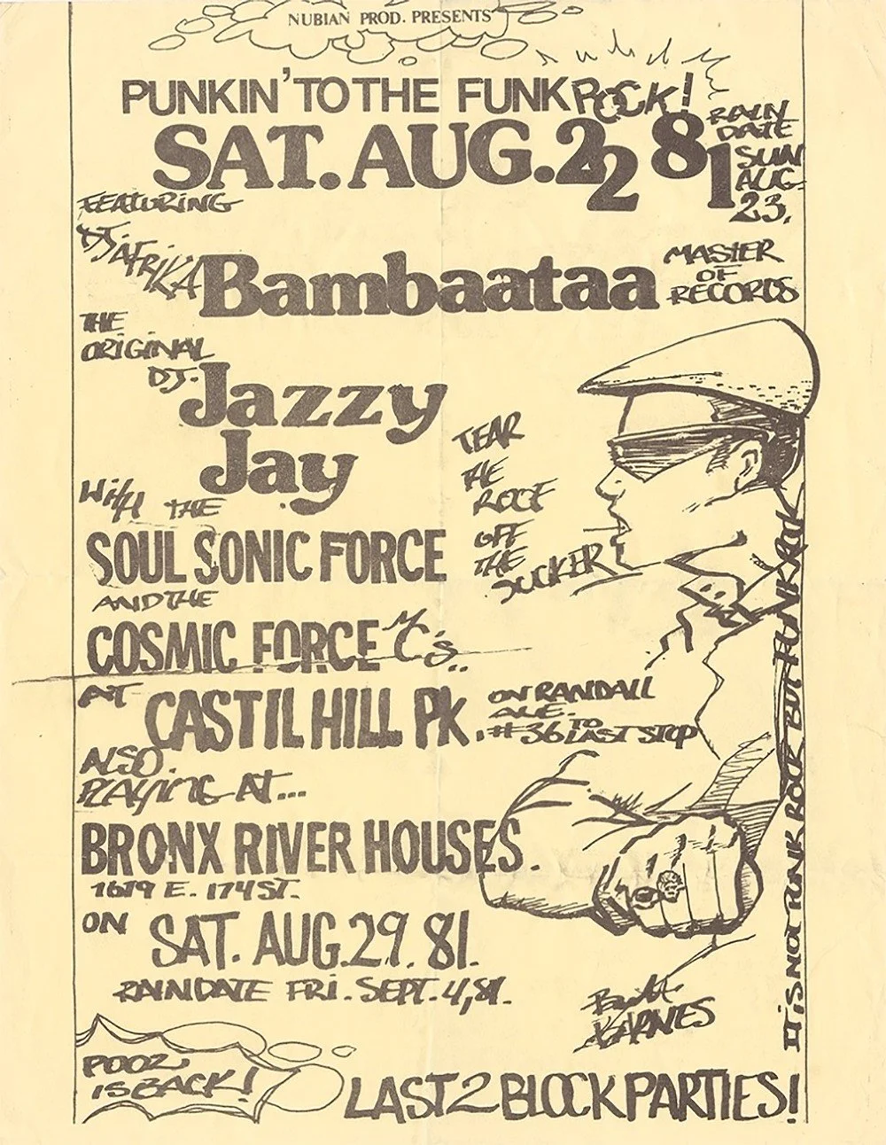 Handwritten poster promoting a punk and funk music event on Saturday, August 29, 1981, at Bronx River Houses. Featuring Bambaataa, Jazzy Jay, Soul Sonic Force, Cosmic Force, and others. Includes a drawing of a man in a hat and sunglasses pointing for