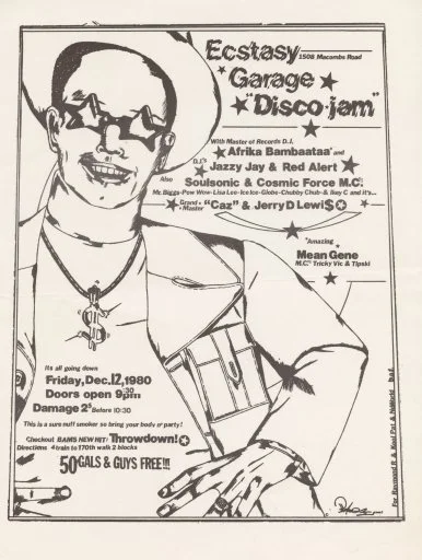 Black and white poster advertising a music event at Ecstasy Garage on December 12, 1980, featuring Disco Jam, Afrika Bambaataa, Jazzy Jay, Red Alert, Soulsonic, Cosmic Force MC, Caz, Jerry D. Lewis, and Mean Gene. The poster includes event details, s