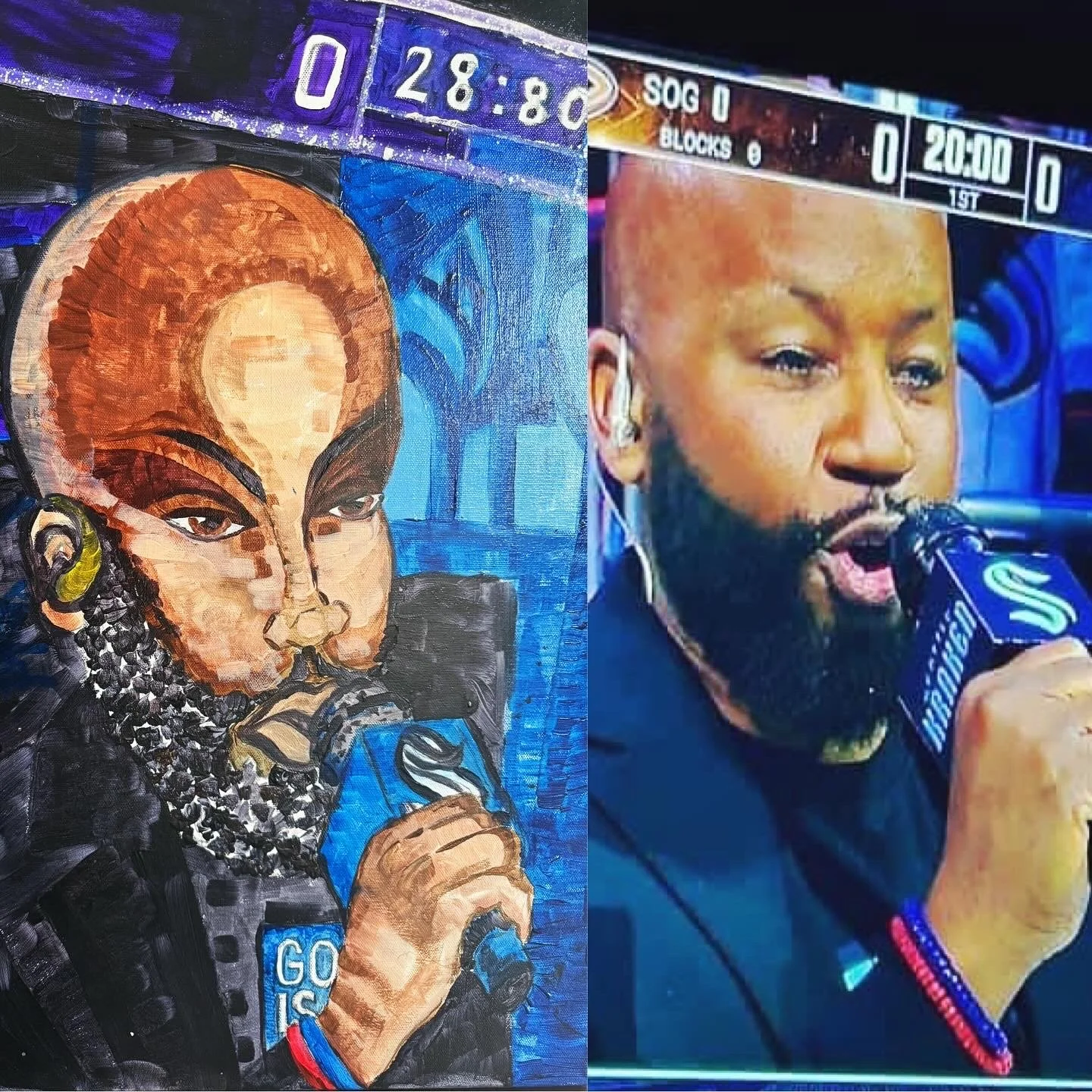 Split image showing a portrait painting and a photo of a man speaking into a microphone with a distinctive logo, both featuring similar clothing and setting.