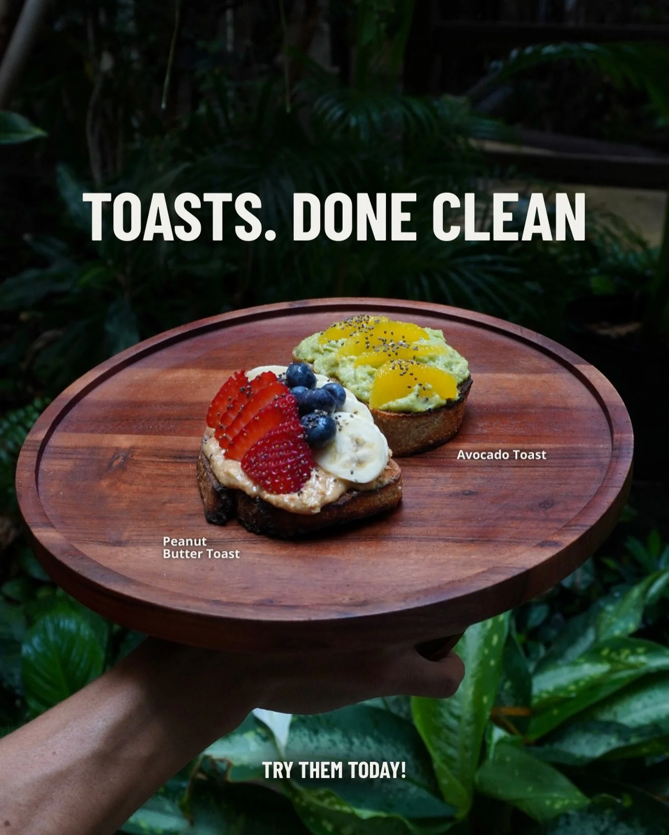 A hand holding a round wooden serving tray with two different types of toast: peanut butter toast topped with strawberries, blueberries, banana, and chia seeds, and avocado toast topped with slices of lemon and black sesame seeds. The image has the t