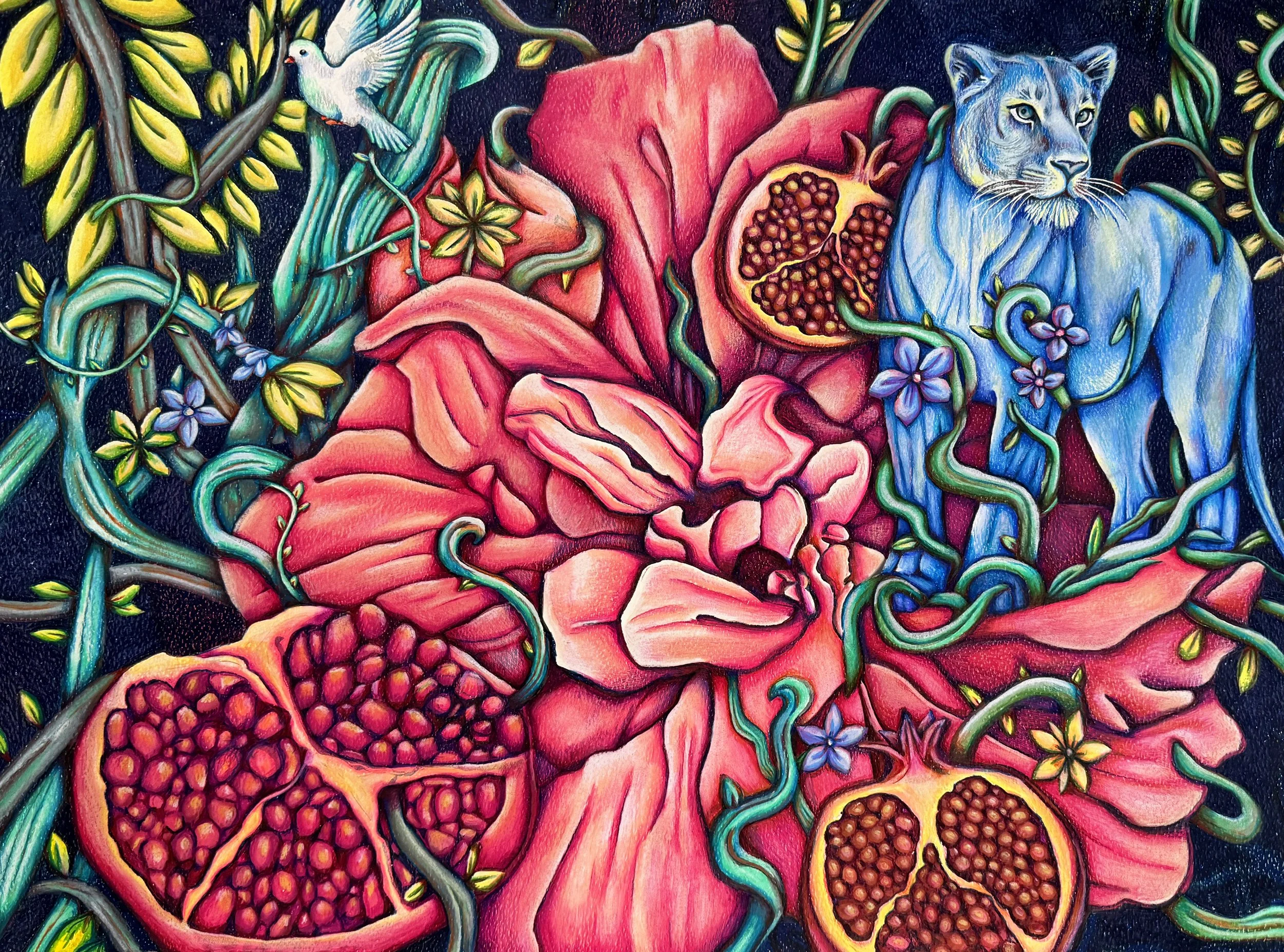 "Dove and Lion", colored pencil, watercolor and ink on paper, 18in x 24in, 2025