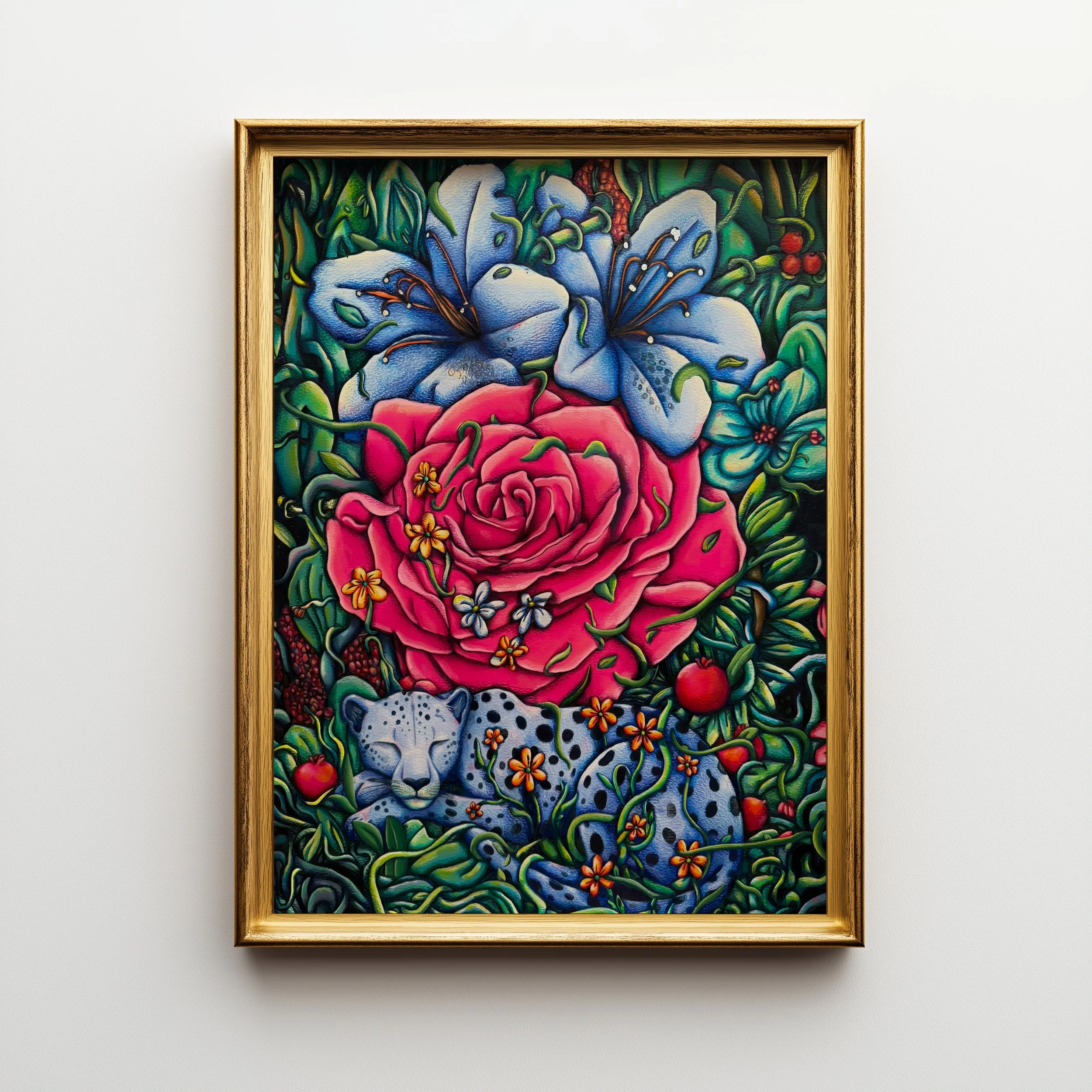 A colorful painting of blue lilies, pink roses, a white jaguar with black spots, surrounded by green leaves, small orange and yellow flowers, and red berries, framed in wood.