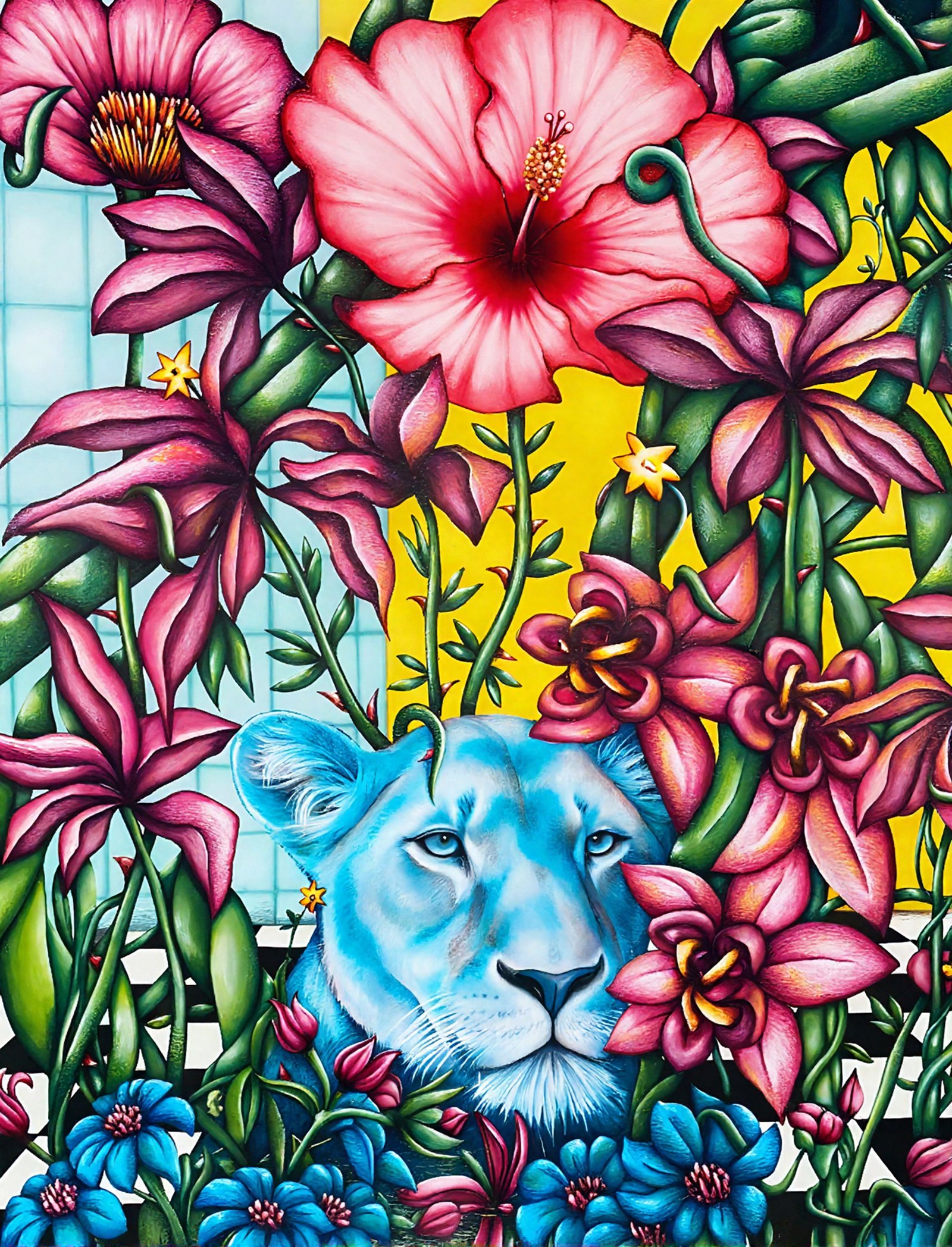 "Lion's Garden" colored pencil, watercolor, ink on paper, 18in x 24in, 2025