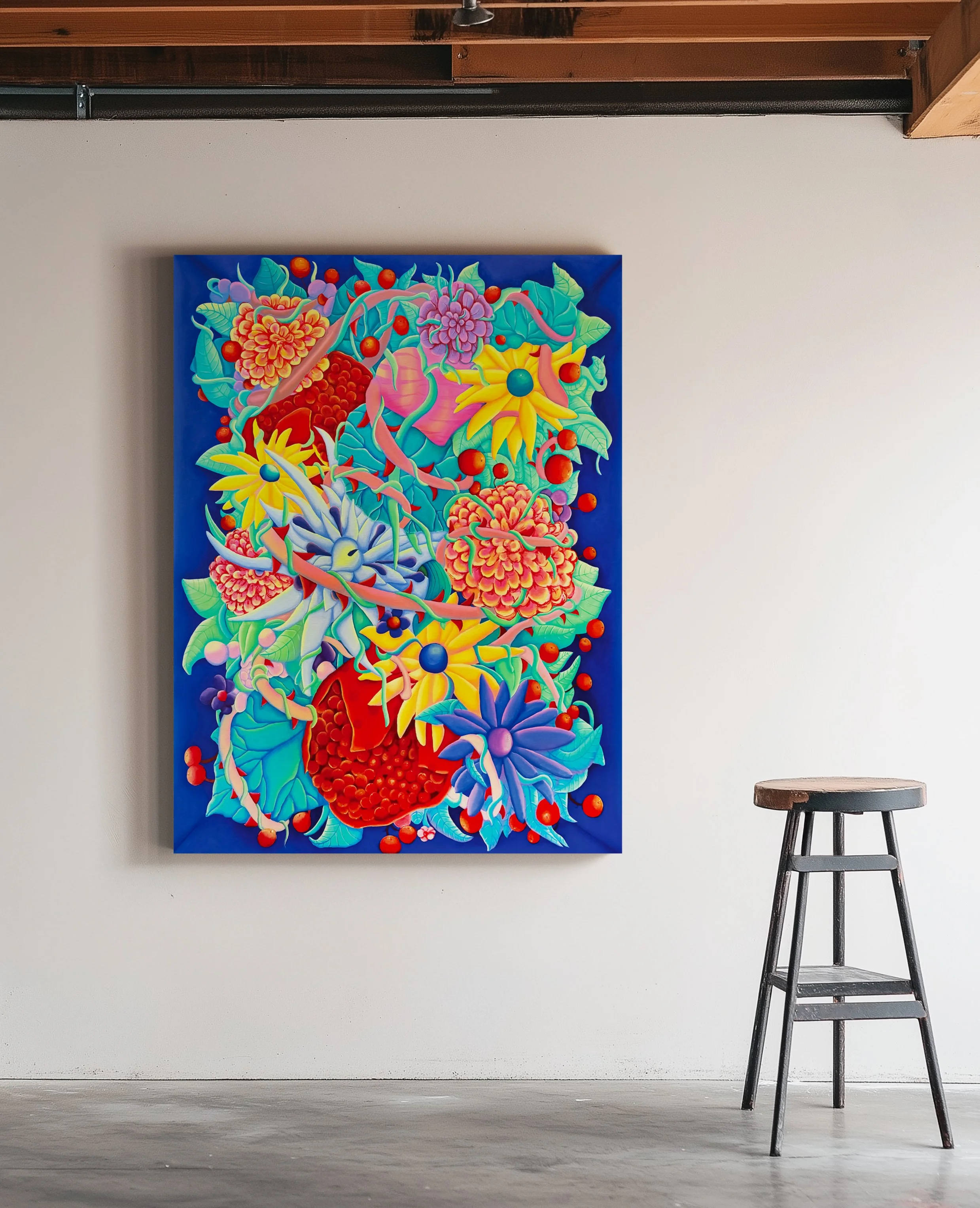 Colorful abstract painting of various flowers and foliage on a blue background, hanging on a plain white wall in a minimalist gallery space with a wooden ceiling and a black stool nearby.