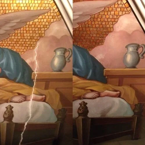 Before and After retouching fracture line on wall mural in Church, Toronto Ontario