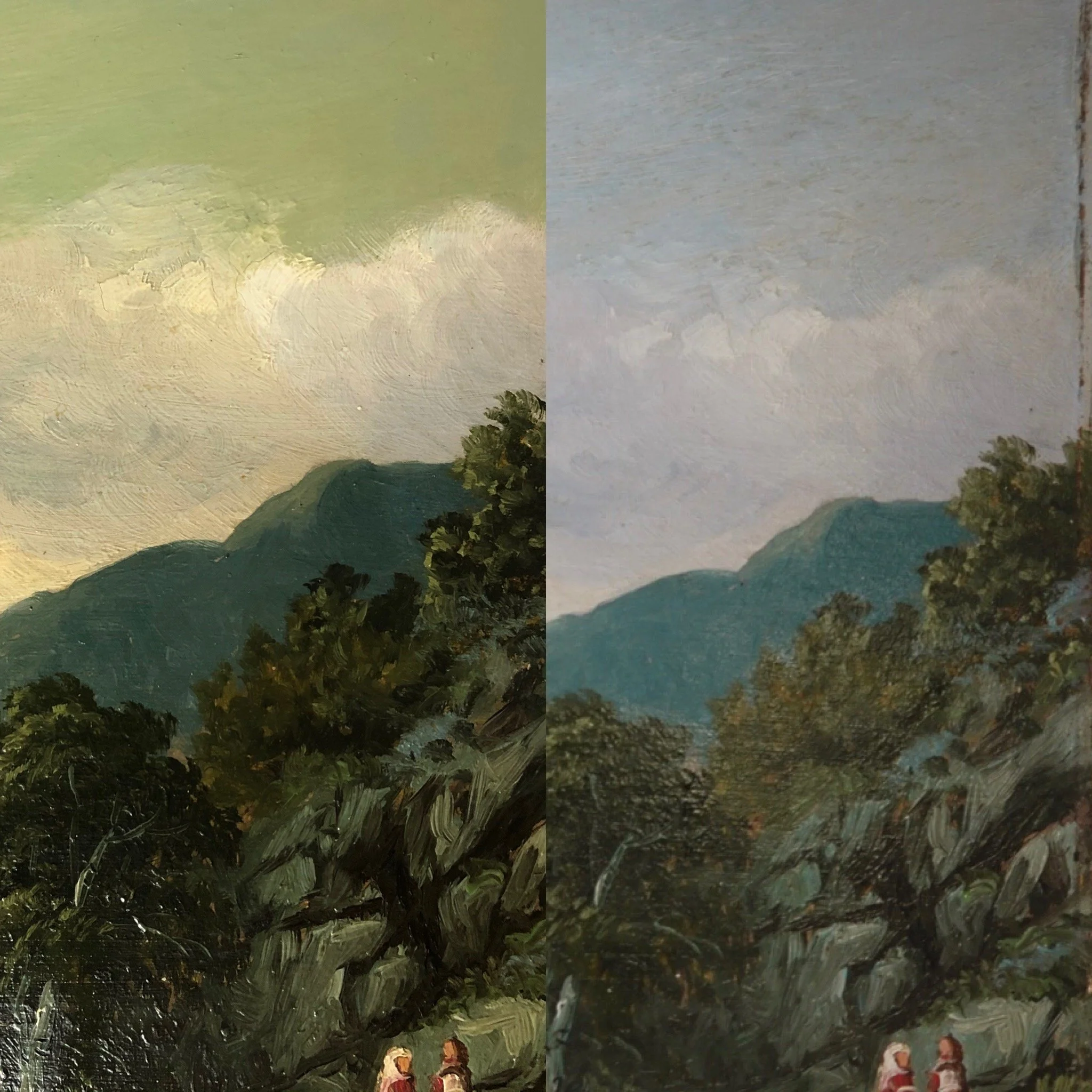 Before and after removal of non-original paint layer of canvas painting Toronto Ontario