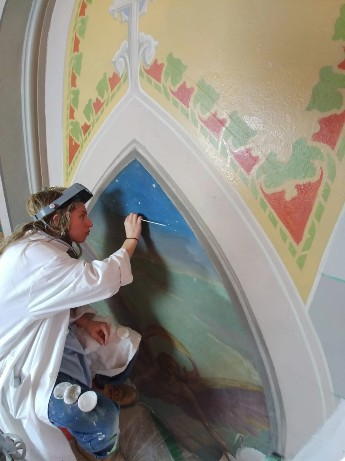 Cleaning of Painting on Scaffolding inside Church in Toronto
