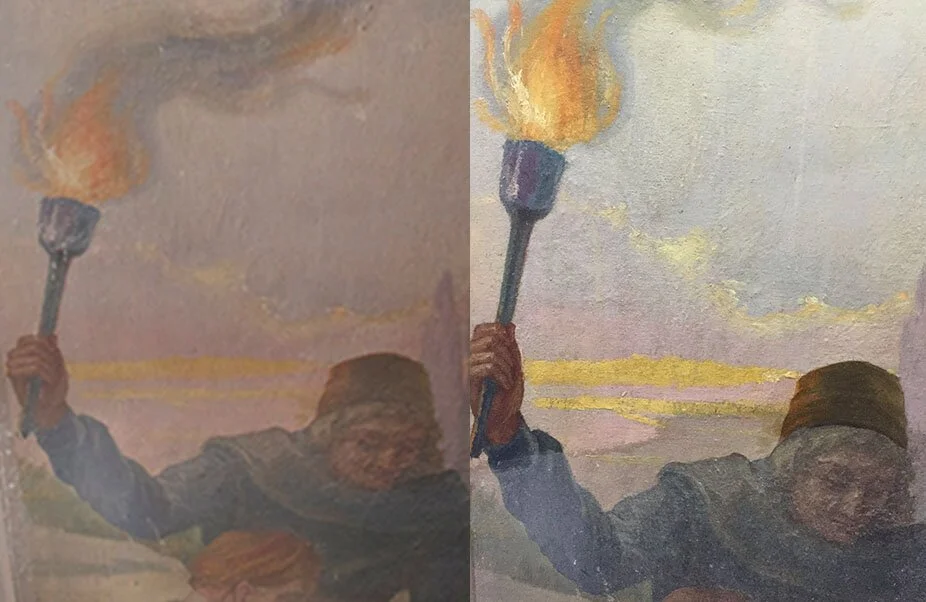 Before and after cleaning of canvas painting during restoration of a church in Toronto Ontario