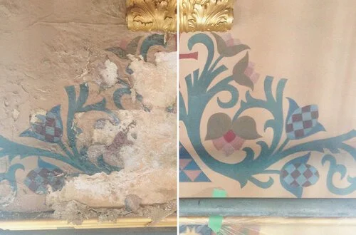 Before and After decorative art restoration on wall painting Toronto