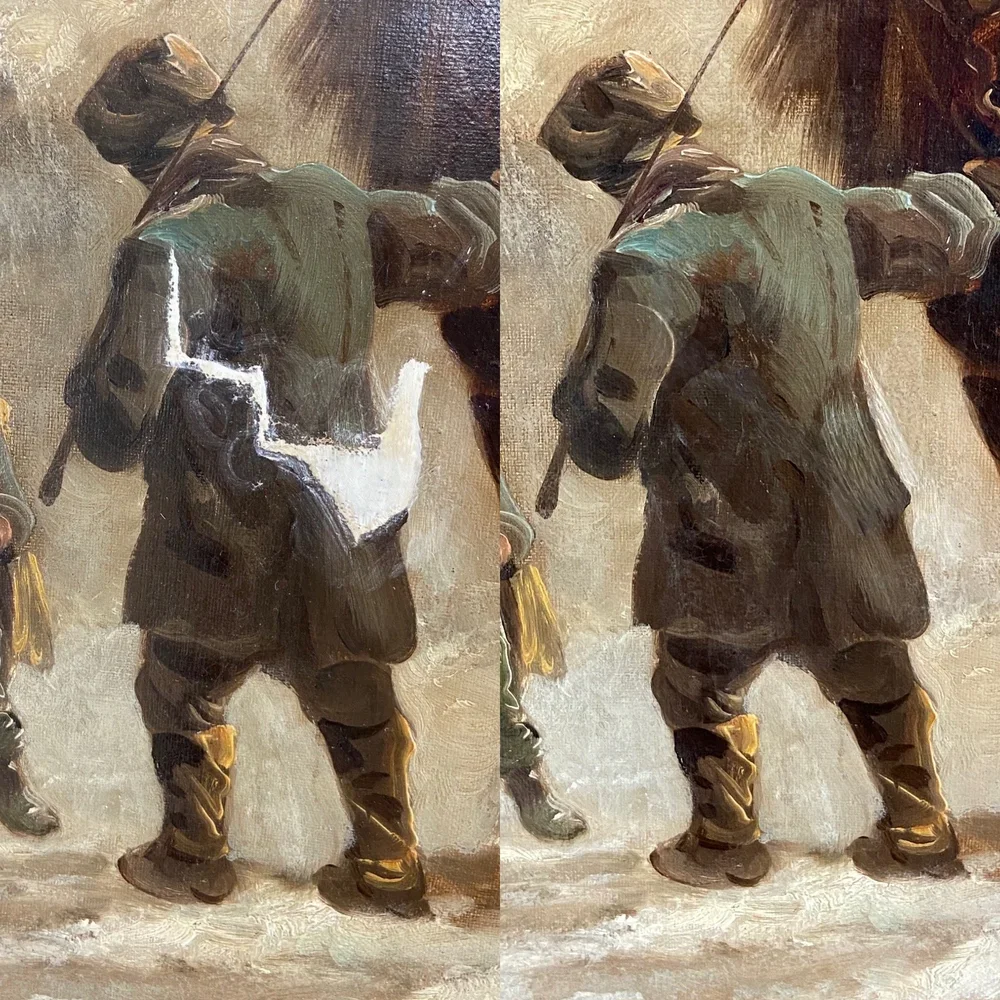 Oil painting restoration, tear repair on canvas, infill and in-painting at MPW Art Restoration Studio Toronto