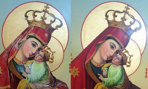 Before and After of retouching damaged religious painting Toronto Ontario