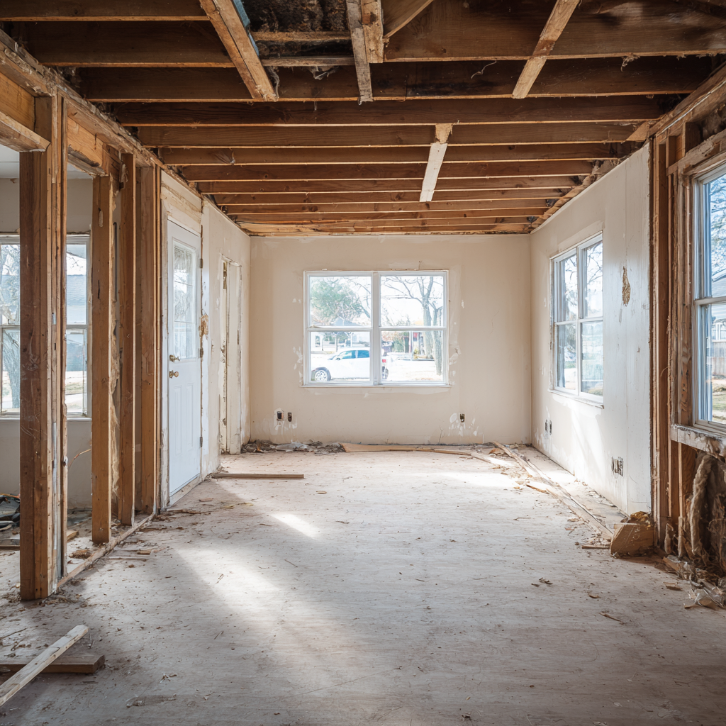 Empty room under renovation with exposed wooden beams on ceiling, unfinished walls, and large windows providing natural light.
