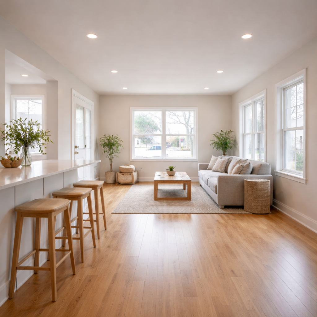 Bright living room with wooden floors, white walls, large windows, a beige sofa, wooden coffee table, potted plants, and natural light.