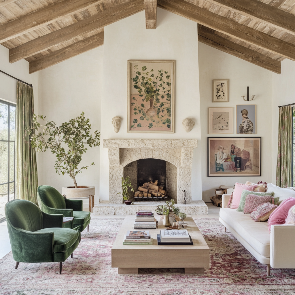 Living room with a stone fireplace, green armchairs, a white sofa with pink pillows, a wooden coffee table with books, framed artwork on the walls, and large windows with green curtains, in a room with vaulted wood ceiling.