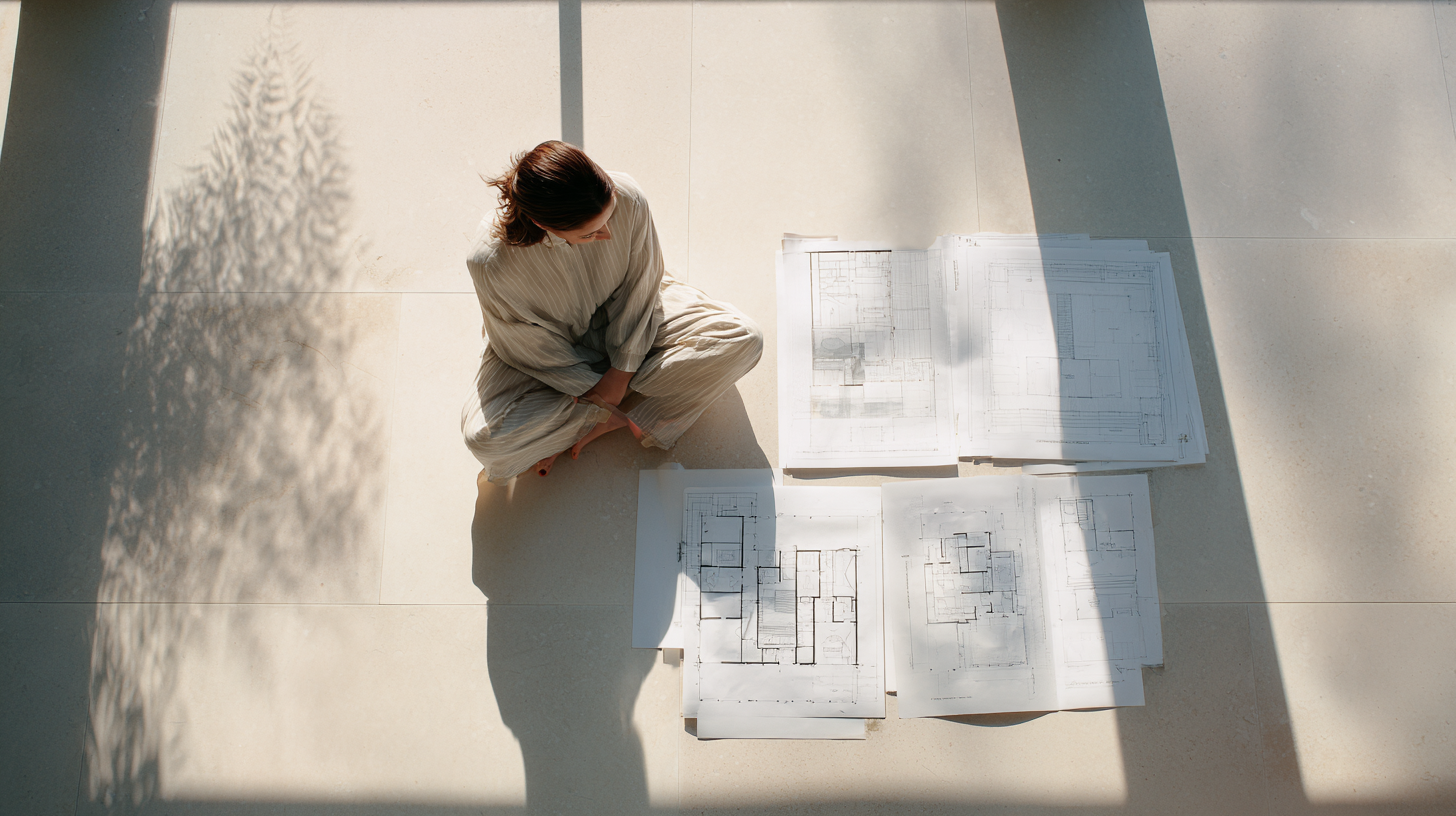 A woman sitting on the floor, looking at architectural blueprints spread out before her on the floor.