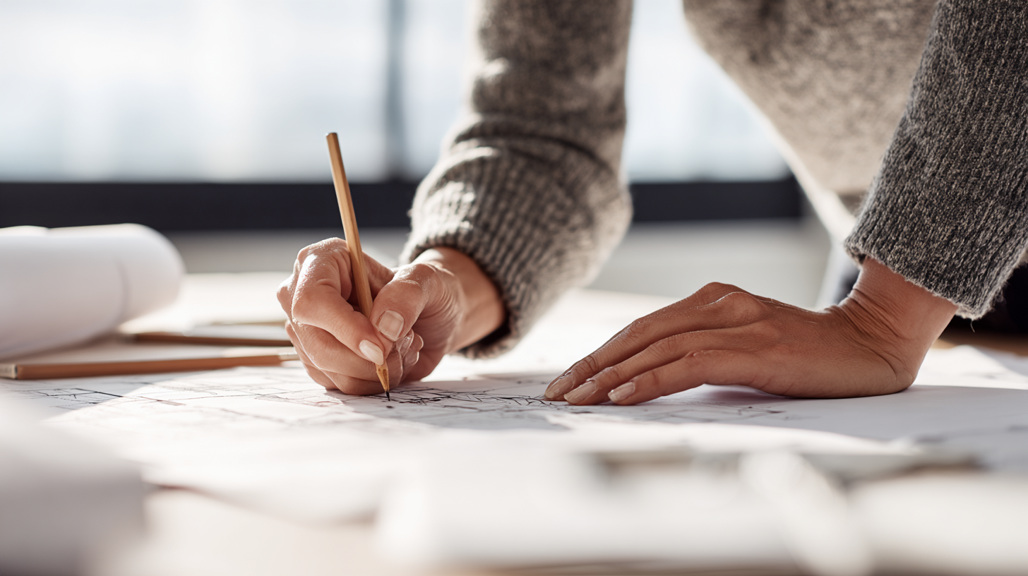 A person drawing or sketching on large sheets of paper with a pencil, with additional rolled-up papers and more pencils on the table.